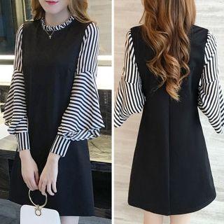 Long-sleeve Striped Paneled A-line Mini Dress