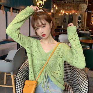 Drawstring Long-sleeve Knit Cropped Top
