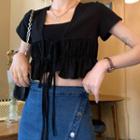 Plain Square-neck Short-sleeve Cropped Top / High-waist Denim Skirt