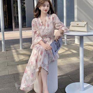 Long Sleeve Stand Collar Placket Floral Print Midi Sundress