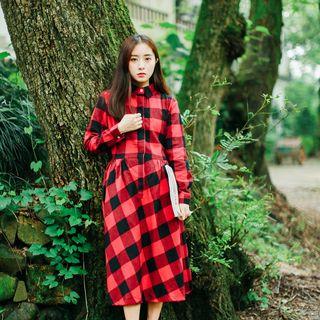 Long-sleeve Check A-line Midi Dress