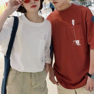 Couple Matching Printed Color Block Short-sleeve T-shirt