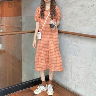 Plaid Short-sleeve Midi A-line Dress Orange - One Size