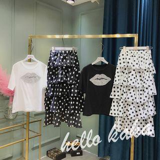 Set: Lips Sequined Short Sleeve T-shirt + Dotted Midi Skirt