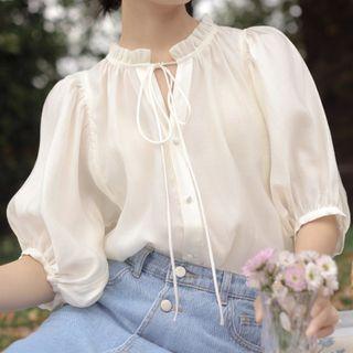 Elbow-sleeve Tie-neck Frill Trim Blouse