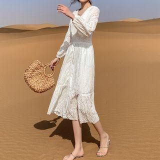 Long-sleeve Eyelet Midi Dress