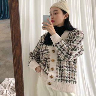 Houndstooth Cardigan Thicken - Brown - One Size