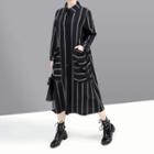 Striped Long-sleeve Midi Shirtdress Black - One Size