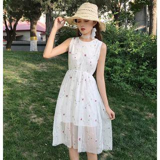 Flower Embroidered Sleeveless A-line Midi Dress