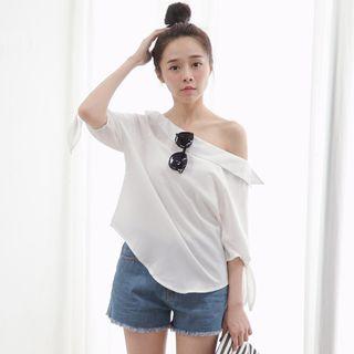 Elbow-sleeve Off-shoulder Plain Top