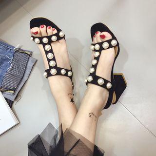Faux Pearl T-strap Chunky Heel Sandals