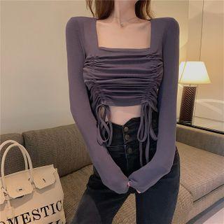 Drawstring Square-neck Long-sleeve T-shirt