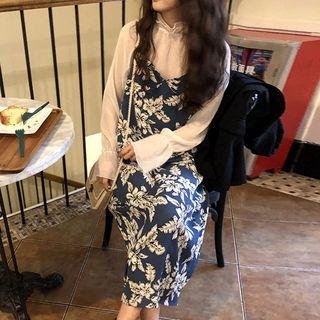 Ruffle Trim Long-sleeve Top / Flower Print Midi Spaghetti Strap Dress