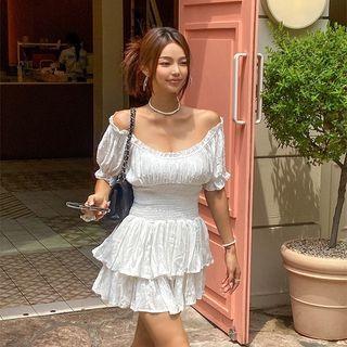 Off-shoulder Smocked Layered Playsuit