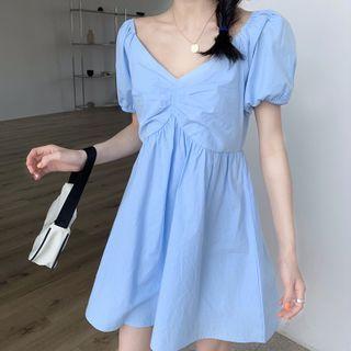 V-neck Puff Sleeve A-line Dress