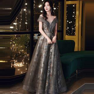 Off-shoulder Flower Print Sheath Evening Gown