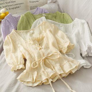 Square-neck Lace-up Crop Blouse