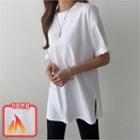 Slit-hem Plain T-shirt White - One Size