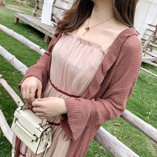 Ruffle Trim Open-front Long Cardigan
