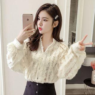 Fringed Buttoned V-neck Blouse