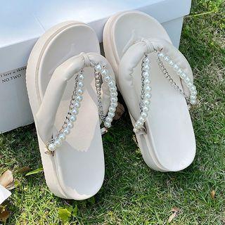 Platform Faux Pearl Chained Flip-flops
