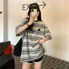 Round-neck Logo Striped T-shirt White - One Size