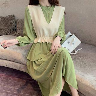 Set: Layered Midi A-line Dress + Cropped Sweater Vest