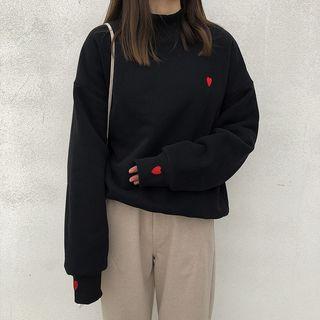 Mock Turtleneck Heart Embroidered Pullover