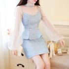 Set: Puff-sleeve Mesh Top + Spaghetti Strap Frill Trim Tweed Top + Mini Skirt