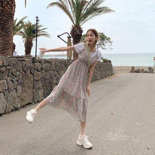 Set: Round-neck T-shirt + Floral Print Pinafore Dress