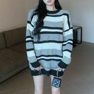 Round-neck Striped Oversize Sweater Striped - One Size