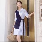 Elbow Sleeve Striped Panel Mock Two Piece Shirtdress