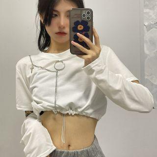 Long-sleeve Drawstring-cuff Cropped T-shirt