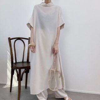 Short-sleeve Plain Maxi Shift Dress Beige - One Size