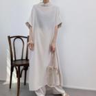 Short-sleeve Plain Maxi Shift Dress Beige - One Size