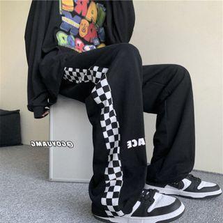 Lettering Checkerboard Straight Leg Sweatpants