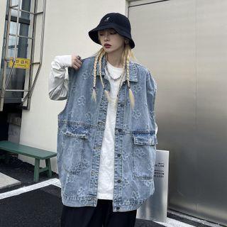 Floral Denim Vest Blue - One Size