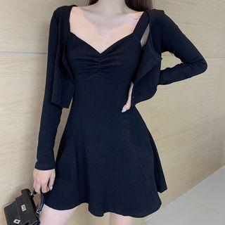 V-neck Plain Mini Tank Dress / Plain Knit Cardigan