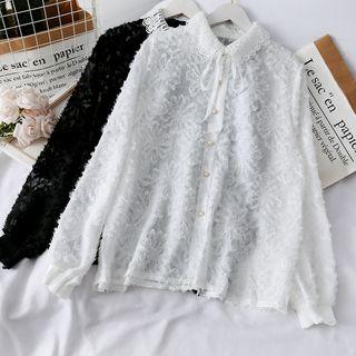 Jacquard-collar Fringed Chiffon Blouse