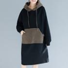 Fleece Panel Drawstring Hoodie Dress Black - One Size