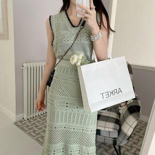 Set: Sleeveless Pointelle Knit Top + Midi Knit Skirt