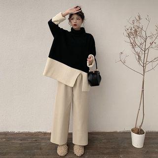 Two-tone Turtleneck Slit Sweater / Wide-leg Pants