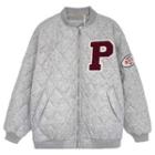 Long-sleeve Lettering Embroidered Bomber Jacket Gray - One Size