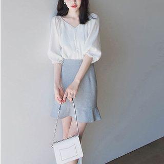 Set: Lantern-sleeve Blouse + Mini Mermaid Skirt