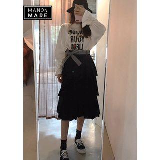 Beribboned Batwing-sleeve Lettering T-shirt