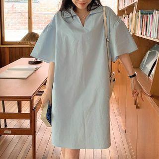 Short-sleeve Collared Midi Shift Dress Blue - One Size