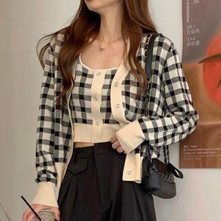 Plaid Button-up Camisole Top / Long-sleeve Cardigan
