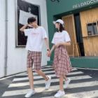 Couple Matching Lettering T-shirt / Plaid Shorts / Skirt / Set