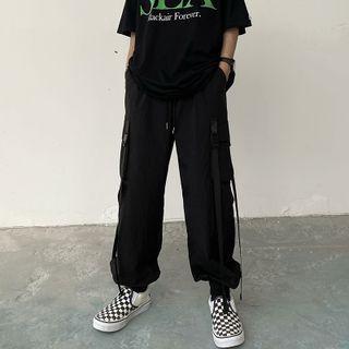 Drawstring Waist Gather-hem Buckled Cargo Pants