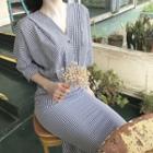 3/4-sleeve V-neck Midi Shirt Dress